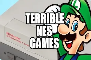 Luigi looking shocked with text overlay saying "Terrible NES Games" – humorous retro-style image referencing bad Nintendo titles